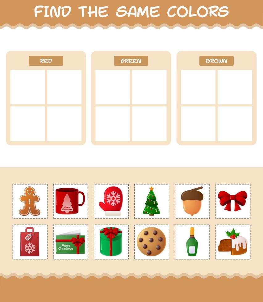 Find the same colors of christmas. Searching and Matching game. Educational game for pre shool years kids and toddlers vector