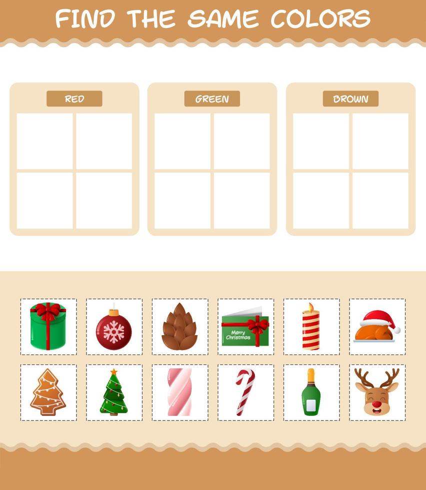 encontrar los mismos colores de navidad. juego de búsqueda y combinación. juego educativo para niños de edad preescolar y niños pequeños vector