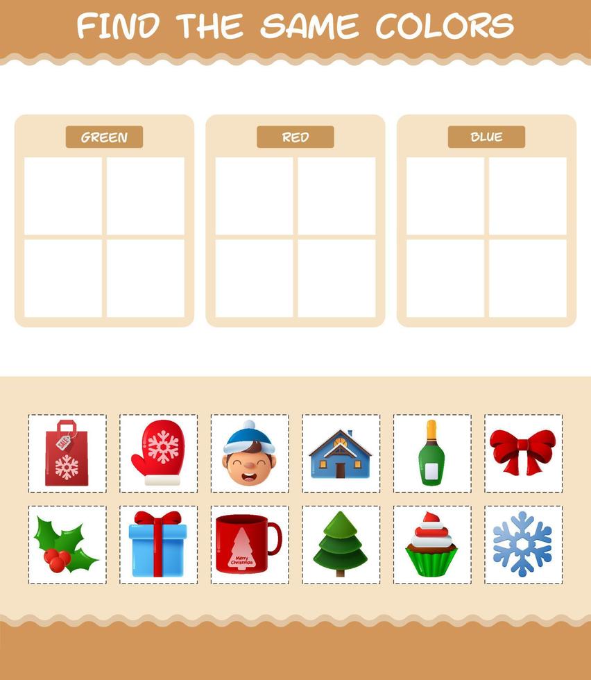 encontrar los mismos colores de navidad. juego de búsqueda y combinación. juego educativo para niños de edad preescolar y niños pequeños vector