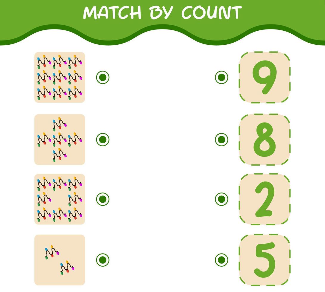 Match by count of cartoon string light. Match and count game. Educational game for pre shool years kids and toddlers vector