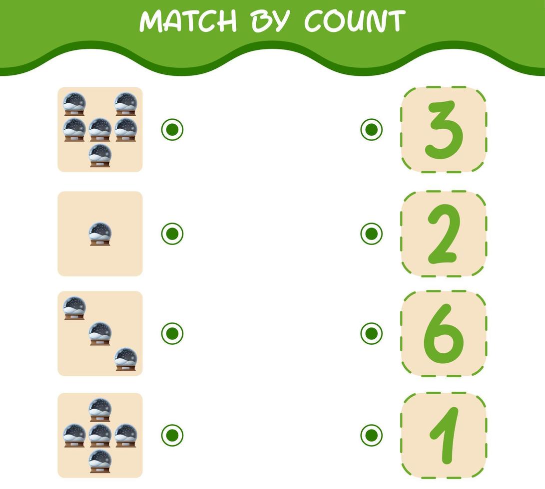 Match by count of cartoon glass snow ball. Match and count game. Educational game for pre shool years kids and toddlers vector