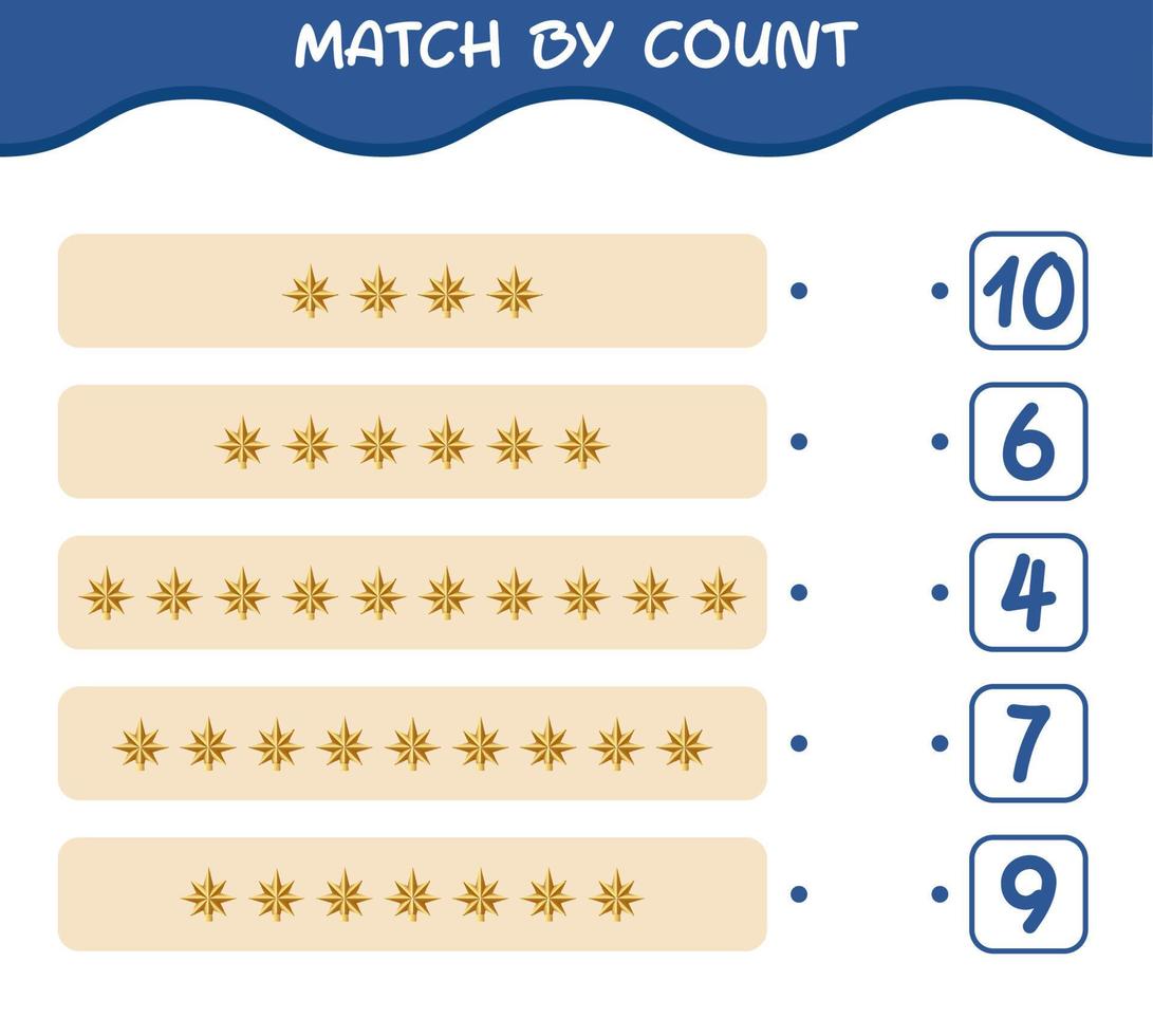 Match by count of cartoon christmas star. Match and count game. Educational game for pre shool years kids and toddlers vector