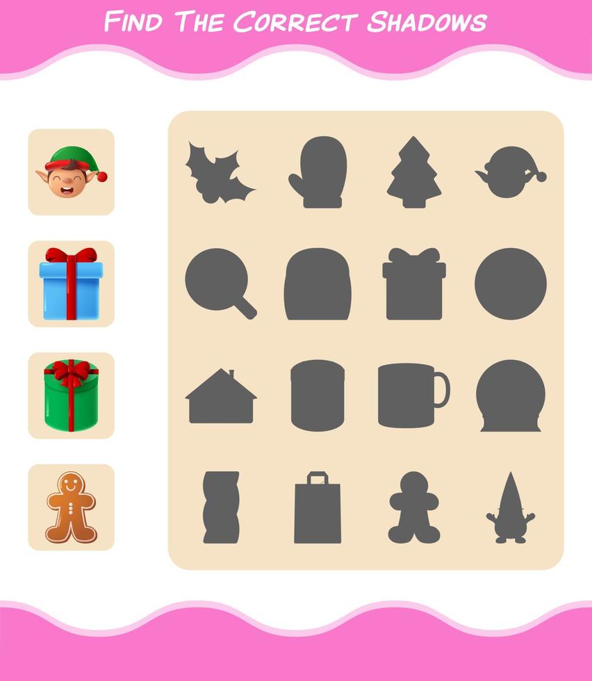 Find the correct shadows of cartoon christmas. Searching and Matching game. Educational game for pre shool years kids and toddlers vector