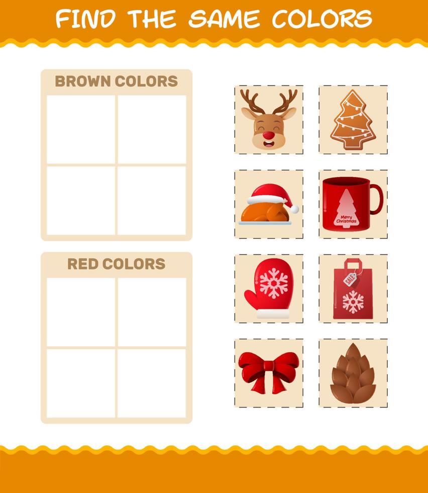 encontrar los mismos colores de navidad. juego de búsqueda y combinación. juego educativo para niños de edad preescolar y niños pequeños vector