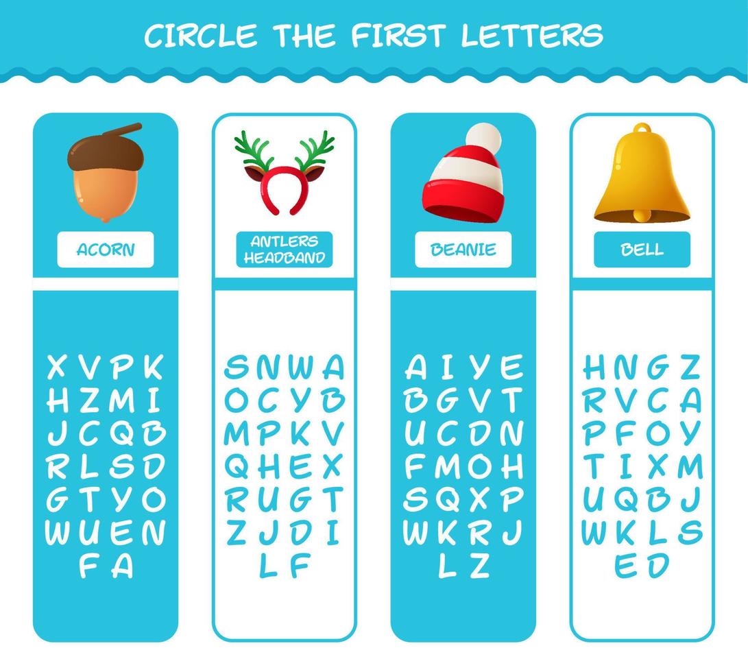 Circle the first letters of cartoon christmas. Matching game. Educational game for pre shool years kids and toddlers vector