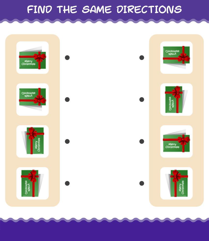 Match the same directions of christmas card. Matching game. Educational game for pre shool years kids and toddlers vector