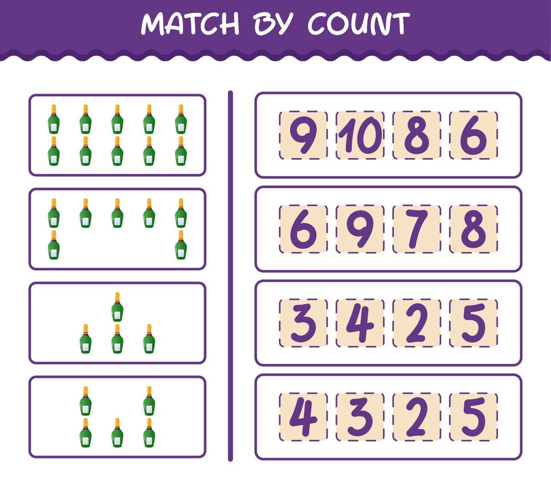 Match by count of cartoon champagne bottle. Match and count game. Educational game for pre shool years kids and toddlers vector