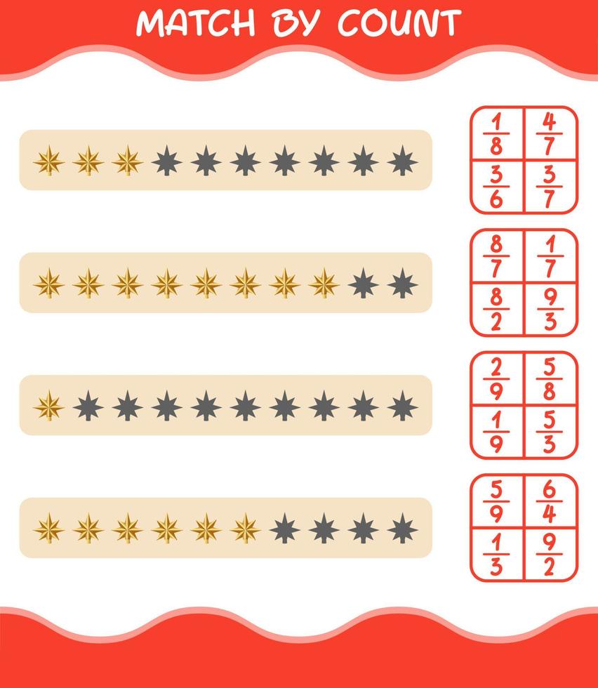 Match by count of cartoon christmas star. Match and count game. Educational game for pre shool years kids and toddlers vector