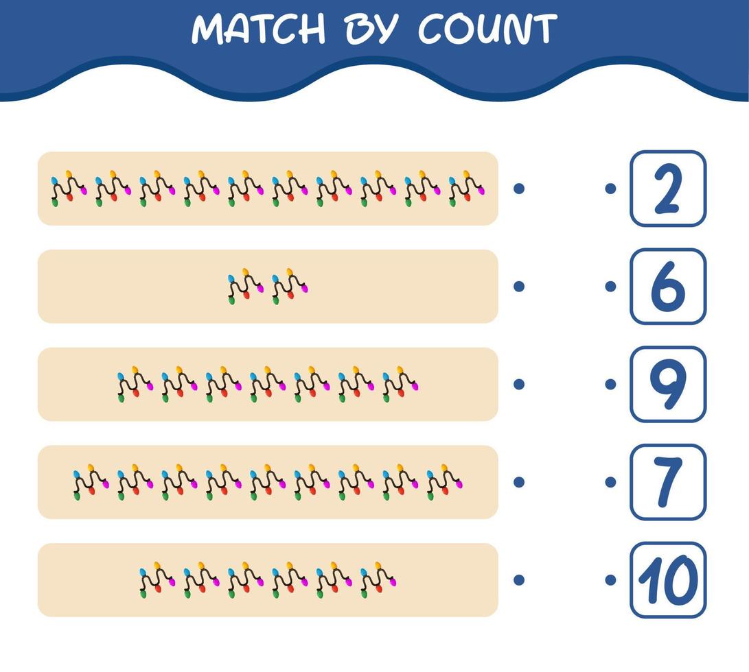 Match by count of cartoon string light. Match and count game. Educational game for pre shool years kids and toddlers vector