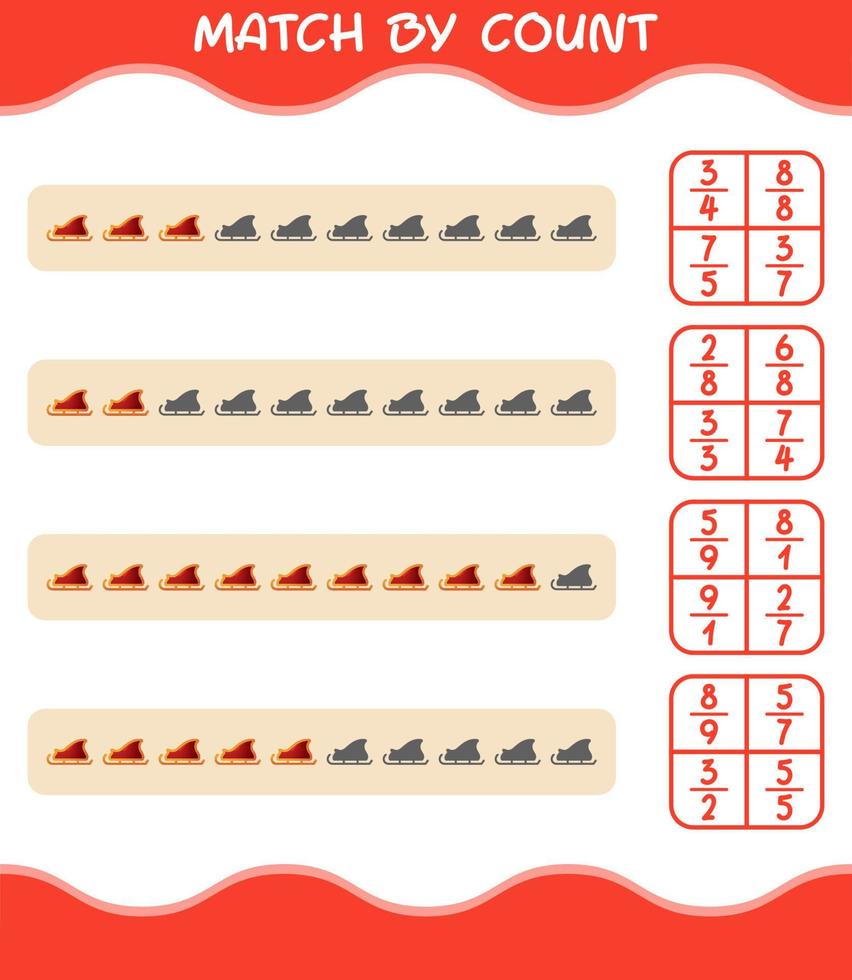 Match by count of cartoon santa sleigh. Match and count game. Educational game for pre shool years kids and toddlers vector