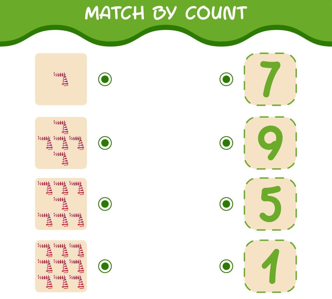 Match by count of cartoon scarf. Match and count game. Educational game for pre shool years kids and toddlers vector
