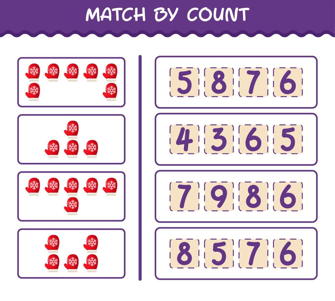 Match by count of cartoon mitten. Match and count game. Educational game for pre shool years kids and toddlers vector