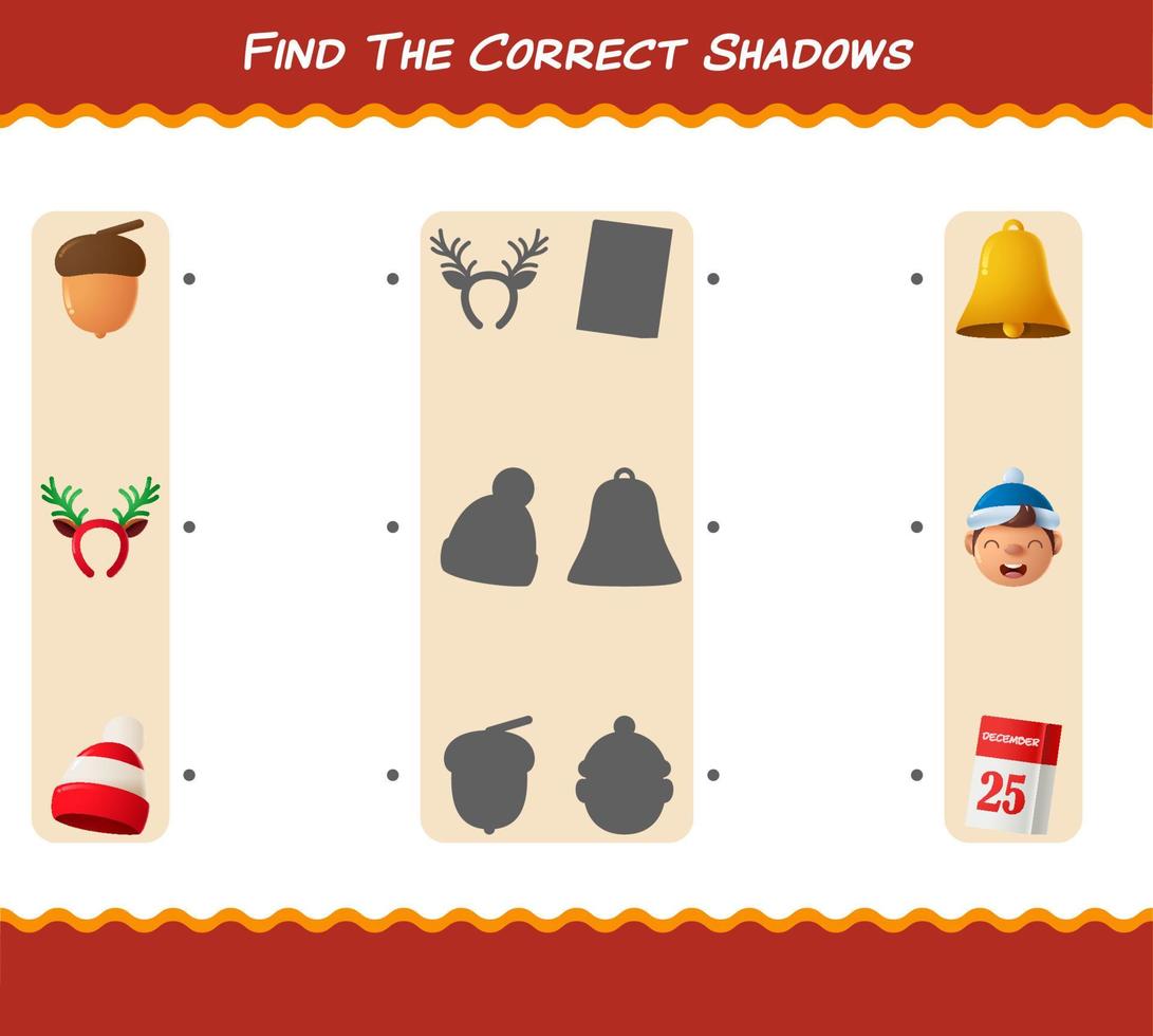 Find the correct shadows of cartoon christmas. Searching and Matching game. Educational game for pre shool years kids and toddlers vector