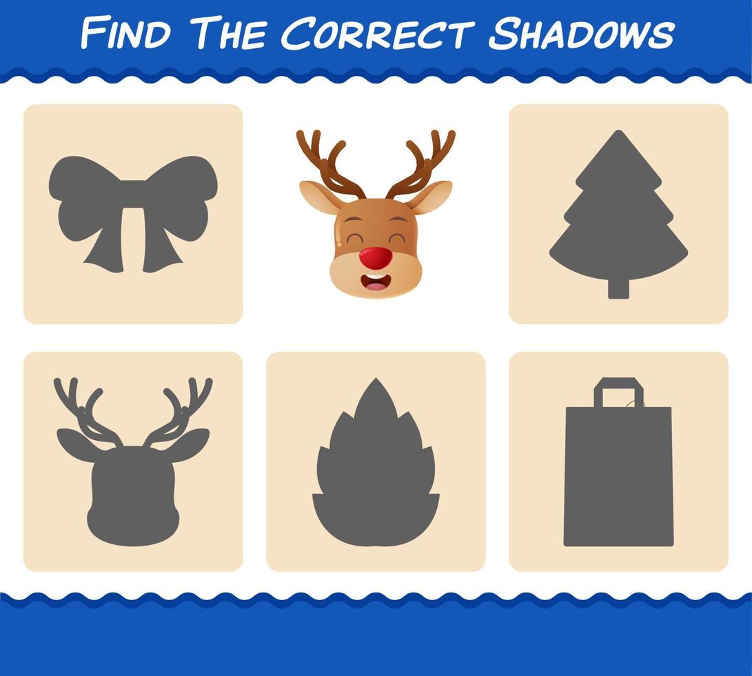 Find the correct shadows of reindeer. Searching and Matching game. Educational game for pre shool years kids and toddlers vector