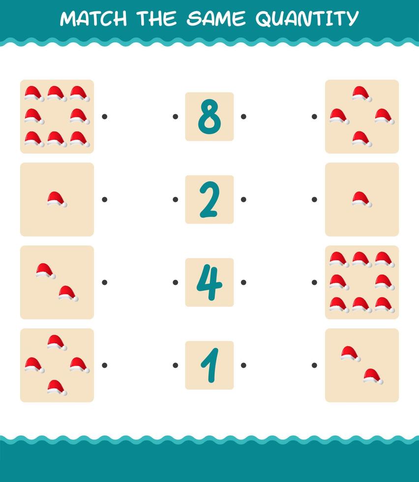 Match the same quantity of santa hat. Counting game. Educational game for pre shool years kids and toddlers vector