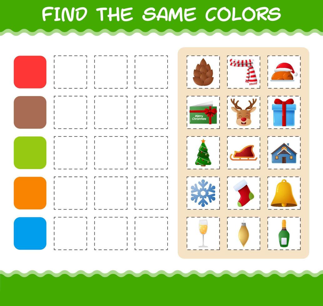 encontrar los mismos colores de navidad. juego de búsqueda y combinación. juego educativo para niños de edad preescolar y niños pequeños vector