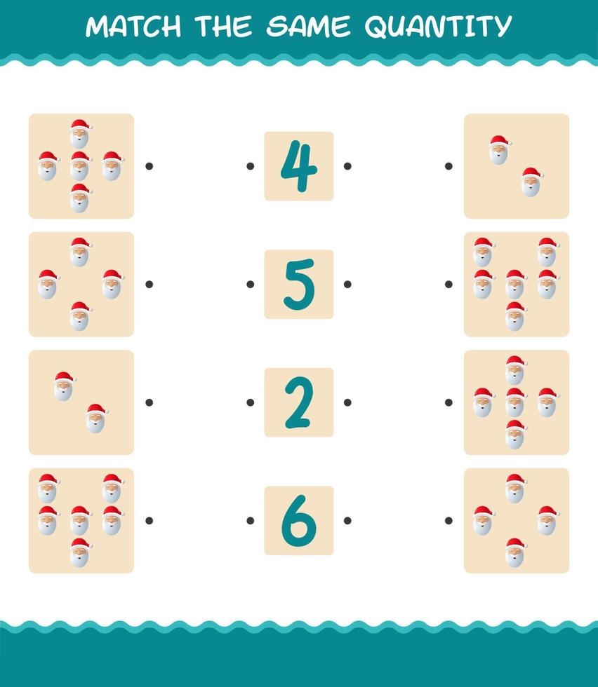 Match the same quantity of santa claus. Counting game. Educational game for pre shool years kids and toddlers vector