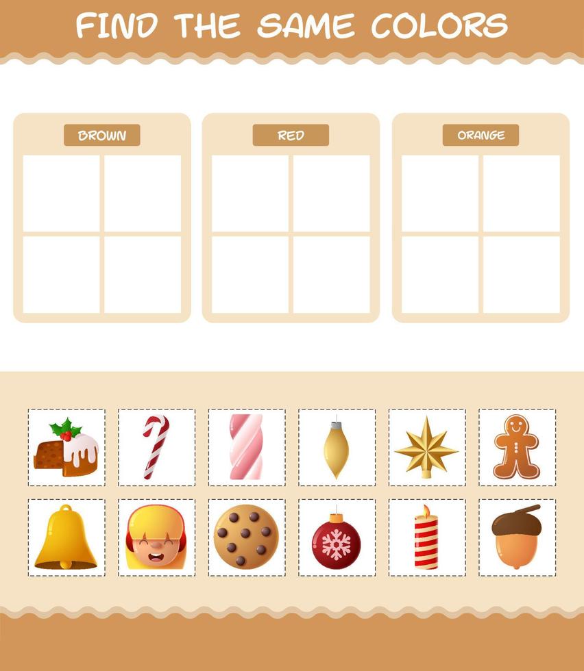 Find the same colors of christmas. Searching and Matching game. Educational game for pre shool years kids and toddlers vector