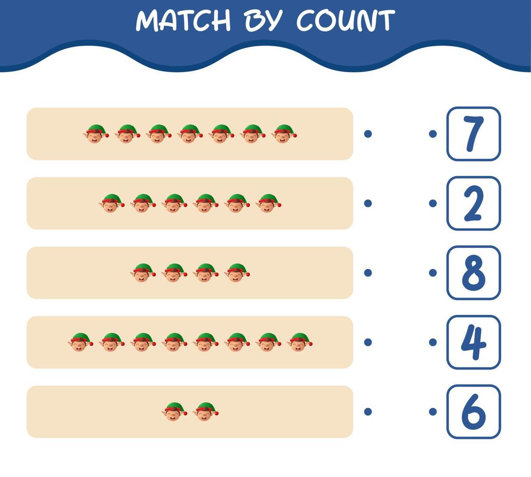 Match by count of cartoon elf. Match and count game. Educational game for pre shool years kids and toddlers vector