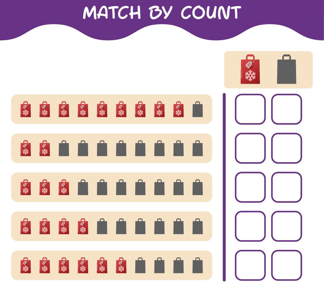 Match by count of cartoon paperbag. Match and count game. Educational game for pre shool years kids and toddlers vector