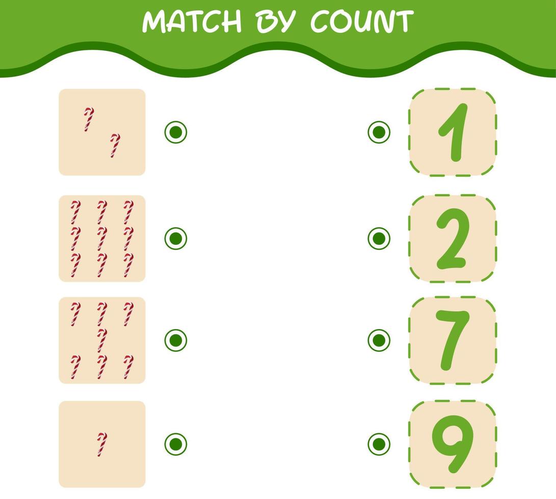 Match by count of cartoon candy cane. Match and count game. Educational game for pre shool years kids and toddlers vector