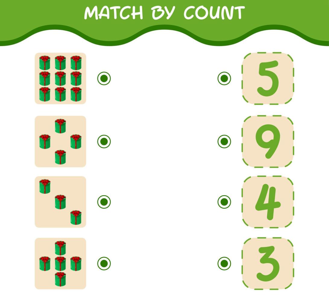 Match by count of cartoon gift box. Match and count game. Educational game for pre shool years kids and toddlers vector