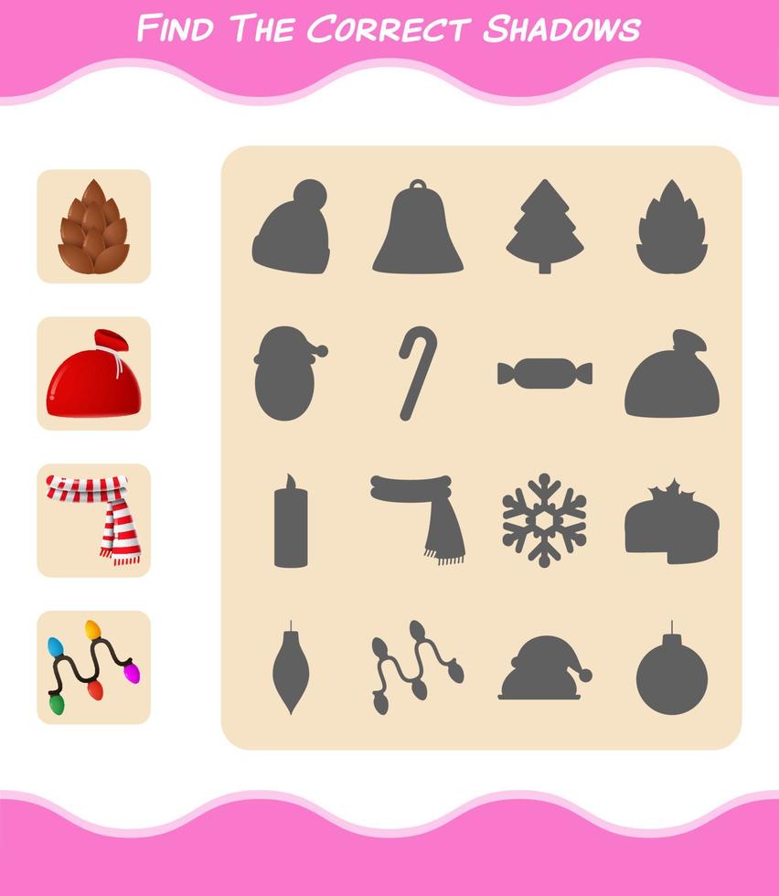 Find the correct shadows of cartoon christmas. Searching and Matching game. Educational game for pre shool years kids and toddlers vector