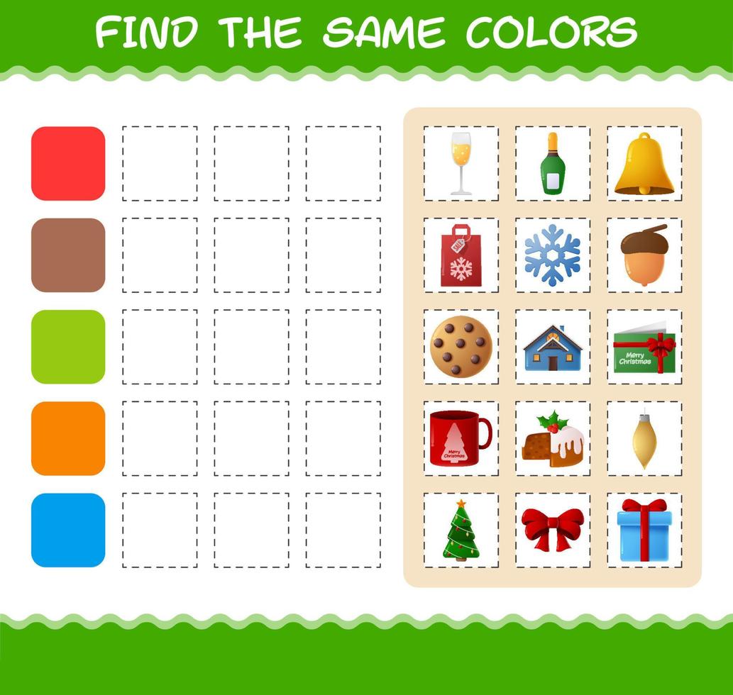 encontrar los mismos colores de navidad. juego de búsqueda y combinación. juego educativo para niños de edad preescolar y niños pequeños vector