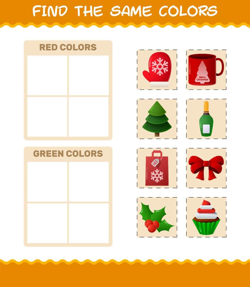 encontrar los mismos colores de navidad. juego de búsqueda y combinación. juego educativo para niños de edad preescolar y niños pequeños vector