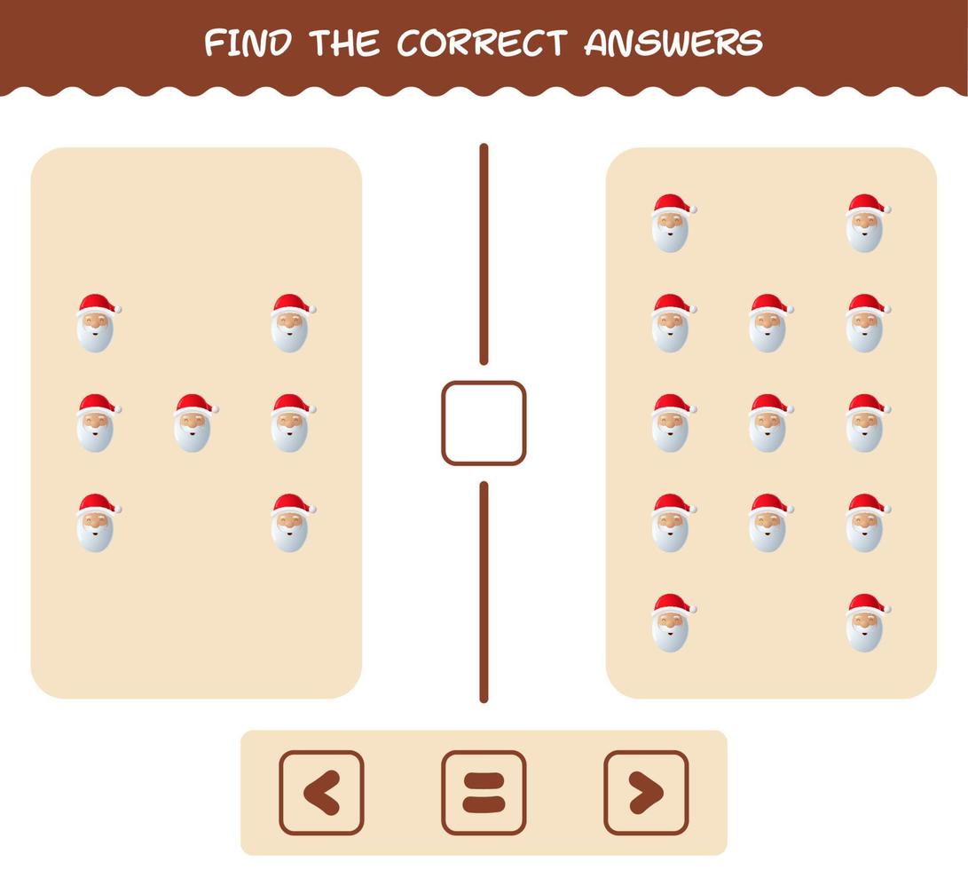 Find the correct answers of cartoon santa claus. Searching and Counting game. Educational game for pre shool years kids and toddlers vector