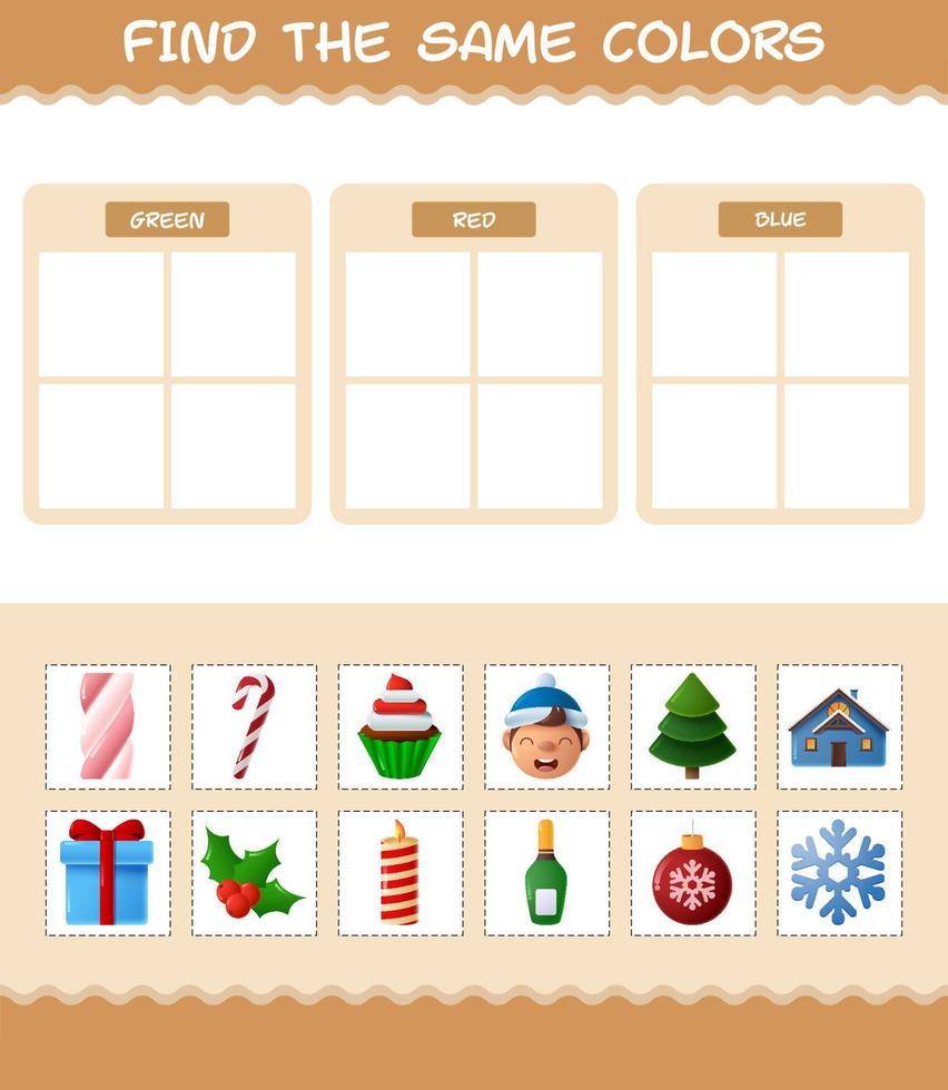 encontrar los mismos colores de navidad. juego de búsqueda y combinación. juego educativo para niños de edad preescolar y niños pequeños vector