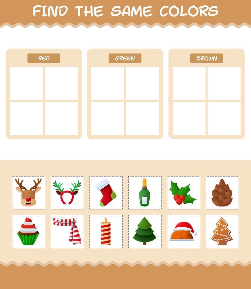 encontrar los mismos colores de navidad. juego de búsqueda y combinación. juego educativo para niños de edad preescolar y niños pequeños vector