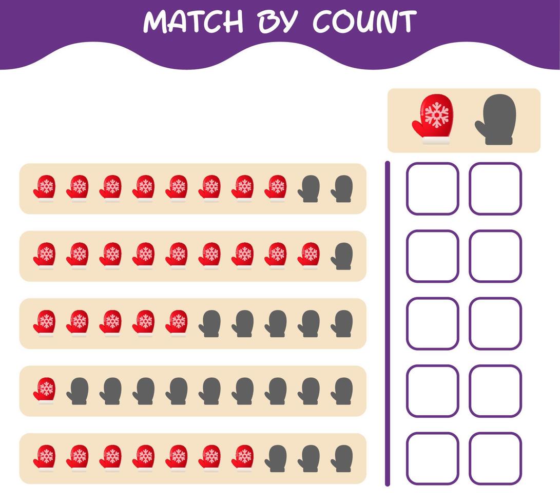 Match by count of cartoon mitten. Match and count game. Educational game for pre shool years kids and toddlers vector