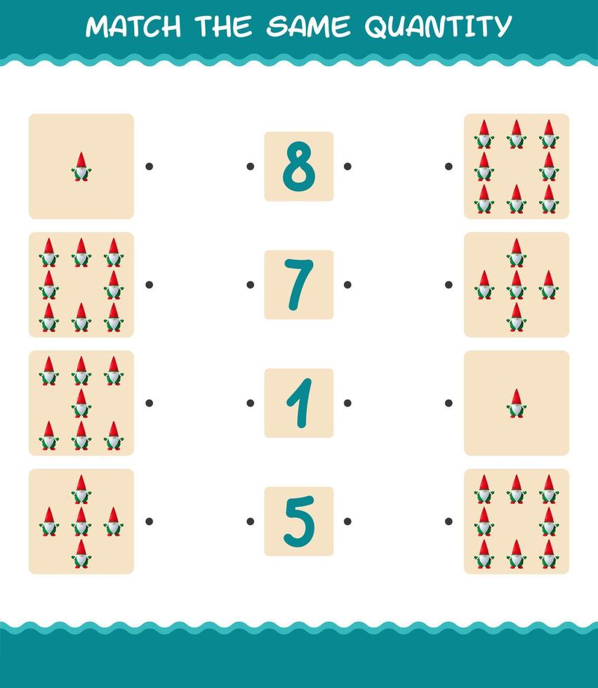 Match the same quantity of gnome. Counting game. Educational game for pre shool years kids and toddlers vector