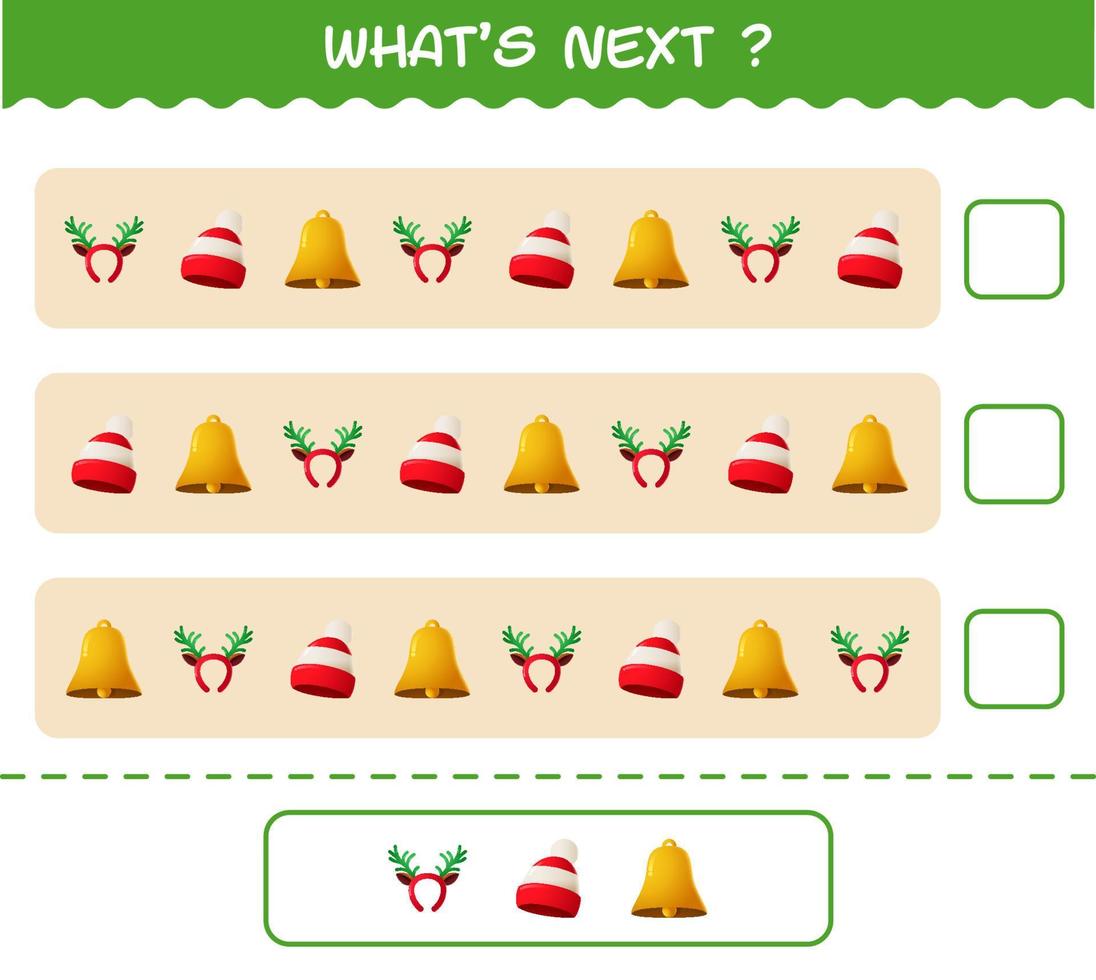 What's comes next educational game of cartoon christmas. Find the regularity and continue the row task. Educational game for pre shool years kids and toddlers vector