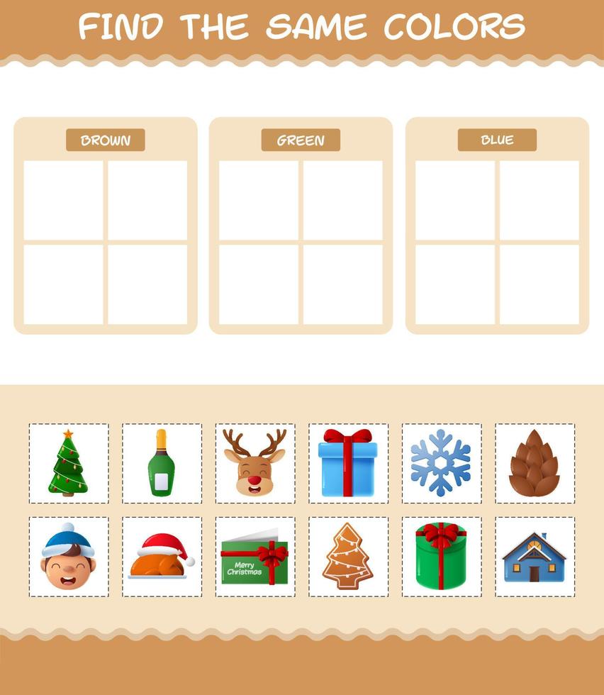 encontrar los mismos colores de navidad. juego de búsqueda y combinación. juego educativo para niños de edad preescolar y niños pequeños vector