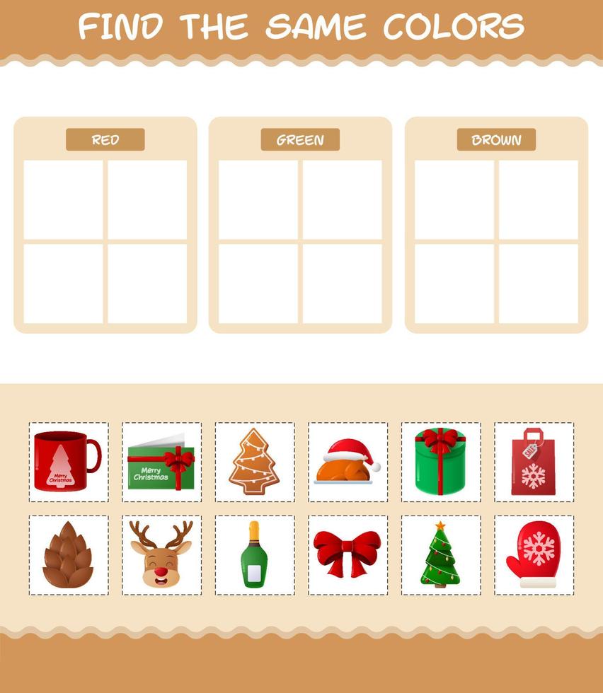 Find the same colors of christmas. Searching and Matching game. Educational game for pre shool years kids and toddlers vector