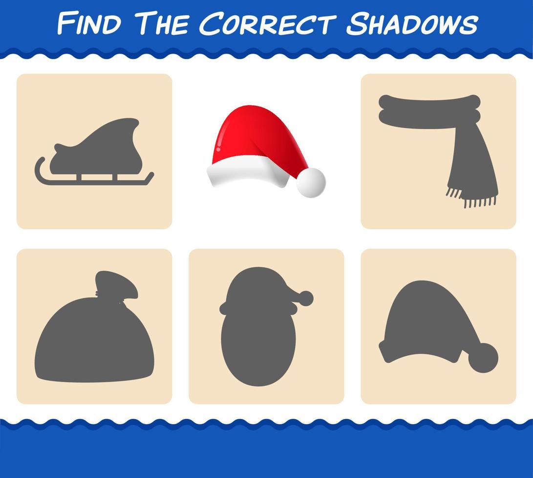 Find the correct shadows of santa hat. Searching and Matching game. Educational game for pre shool years kids and toddlers vector