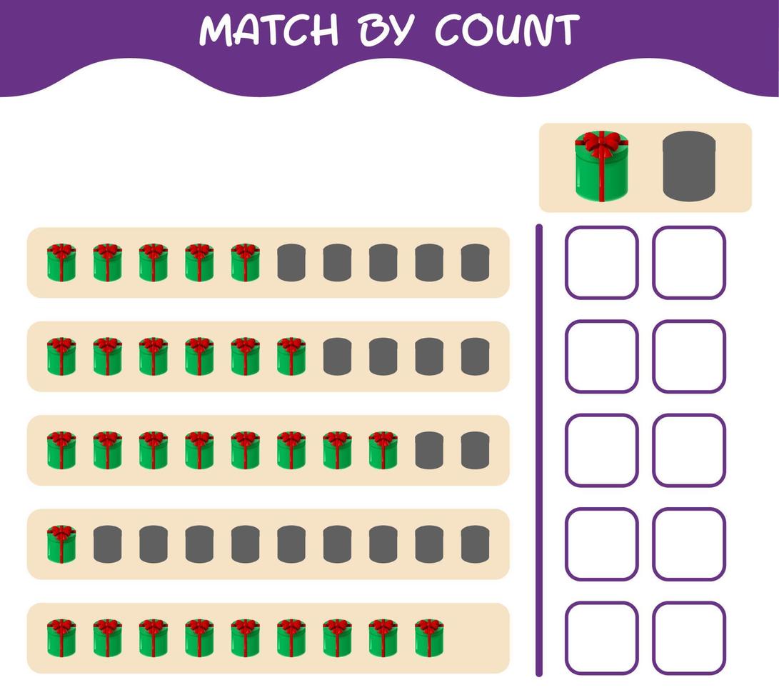 Match by count of cartoon gift box. Match and count game. Educational game for pre shool years kids and toddlers vector