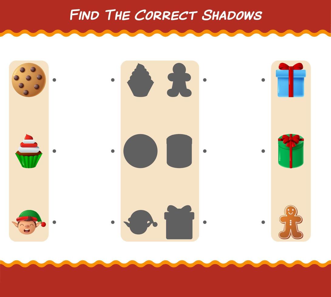 Find the correct shadows of cartoon christmas. Searching and Matching game. Educational game for pre shool years kids and toddlers vector