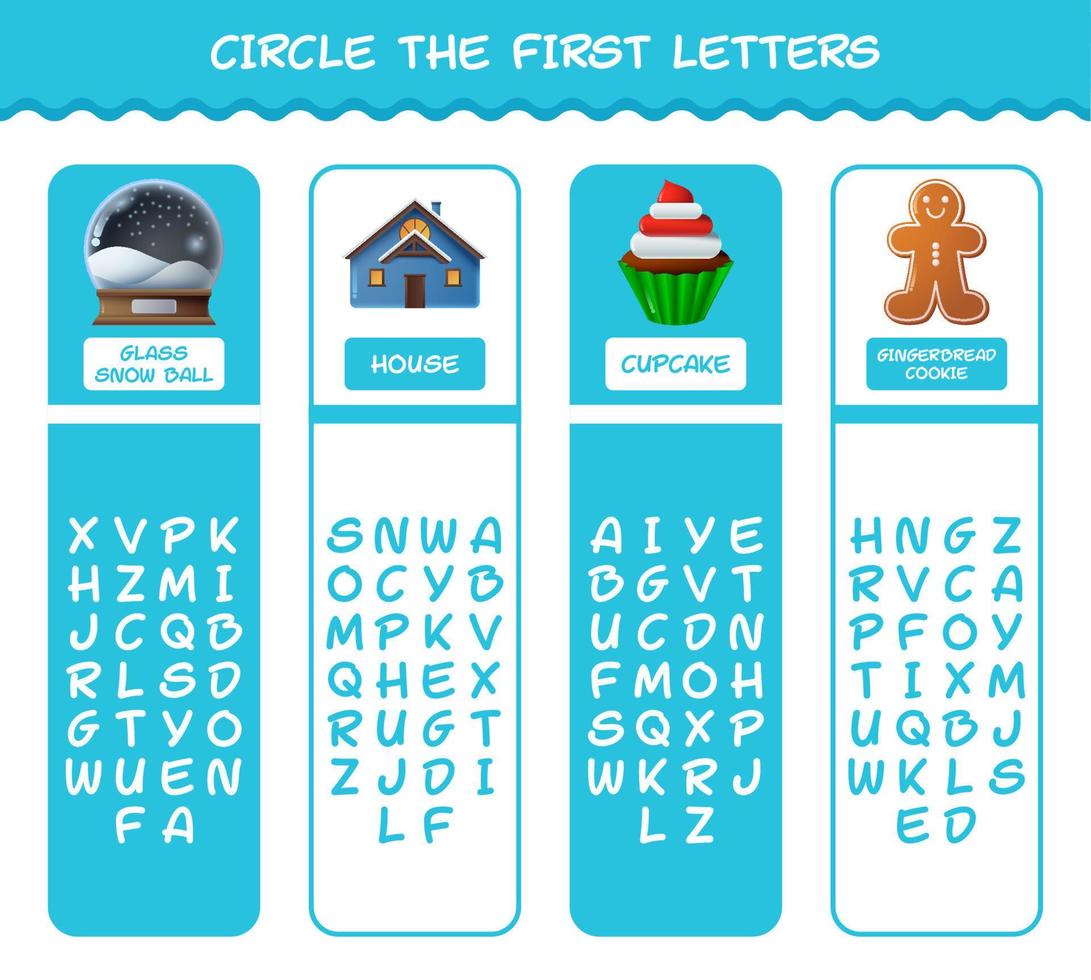 Circle the first letters of cartoon christmas. Matching game. Educational game for pre shool years kids and toddlers vector