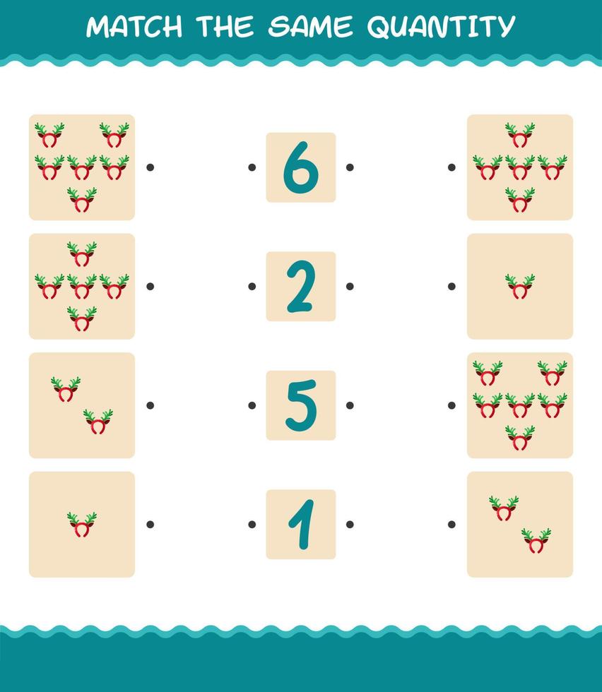 Match the same quantity of antlers headband. Counting game. Educational game for pre shool years kids and toddlers vector