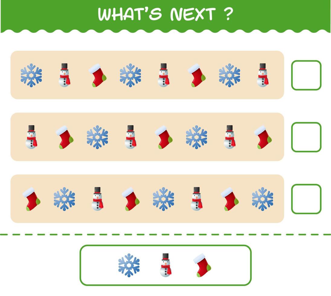 What's comes next educational game of cartoon christmas. Find the regularity and continue the row task. Educational game for pre shool years kids and toddlers vector