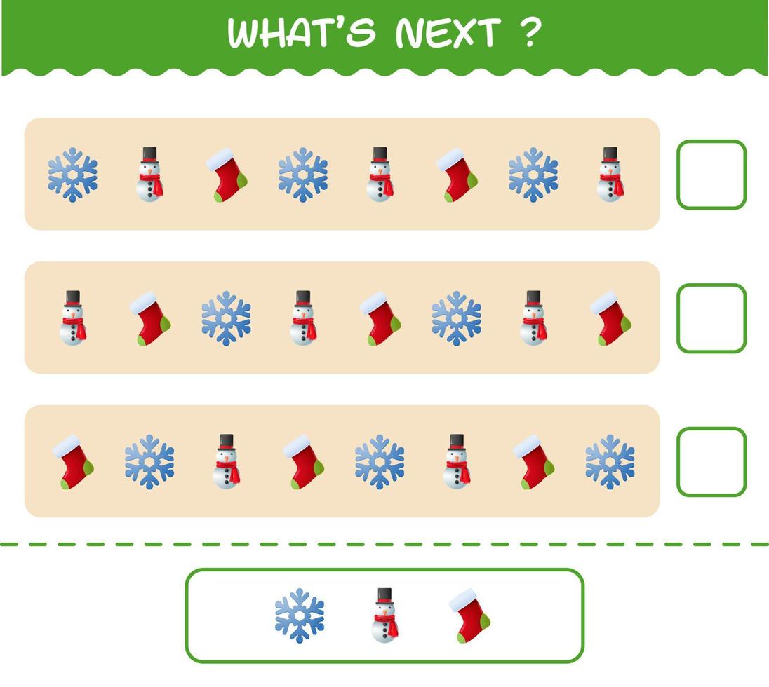 lo que viene después juego educativo de dibujos animados de navidad. encuentre la regularidad y continúe la tarea de la fila. juego educativo para niños y niños pequeños en edad preescolar vector