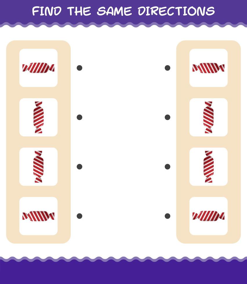 Match the same directions of candy. Matching game. Educational game for pre shool years kids and toddlers vector
