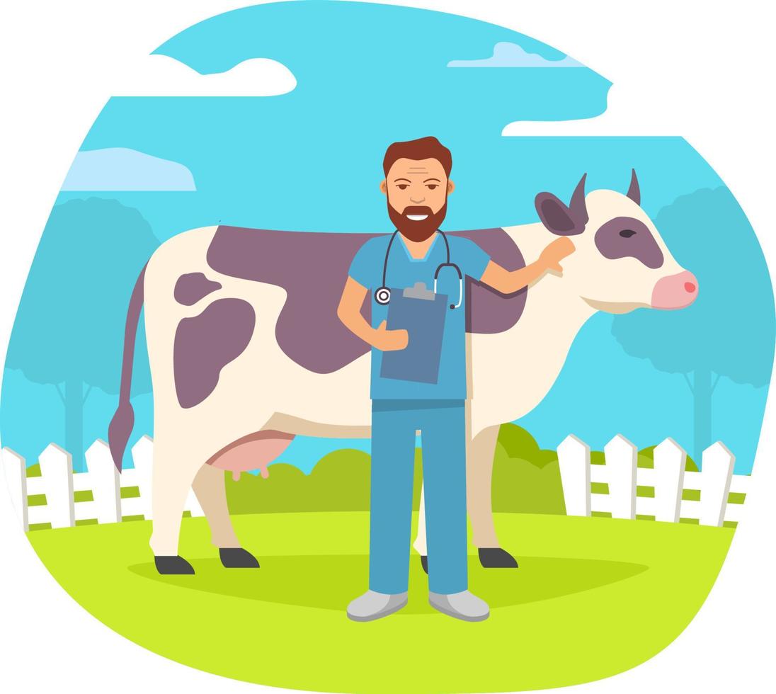 un médico veterinario trata a una vaca. paisaje rural con un animal en la granja.vida rural. personaje de dibujos animados de vector de ilustración plana. médico joven. paisaje de verano con árboles y una valla.