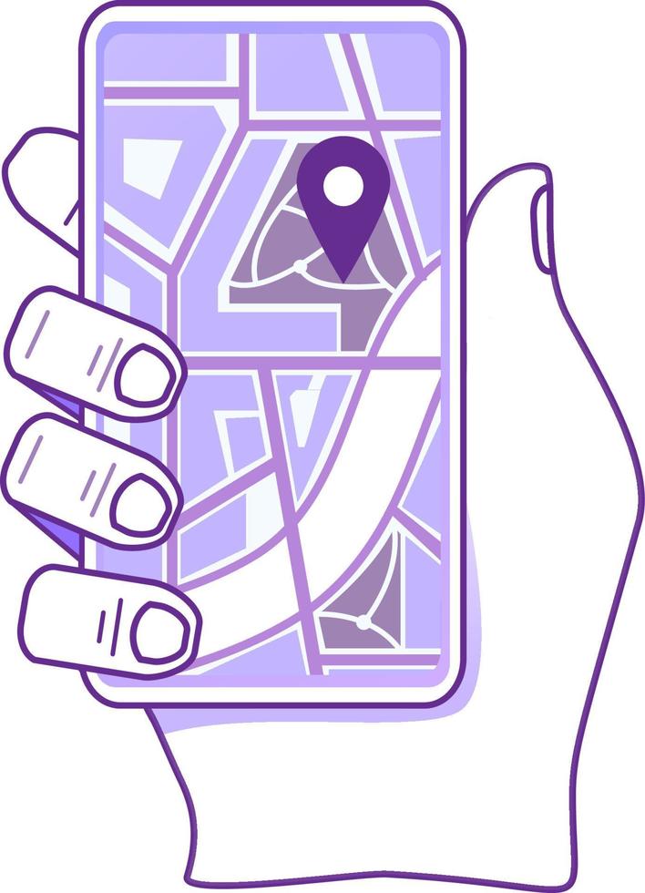 mano que sostiene el teléfono inteligente con el mapa en la pantalla. concepto de marca de ubicación de navegación de ciudad móvil. icono gps contorno plano ilustración vector.navegador móvil aplicaciones.aislado en un fondo blanco. vector