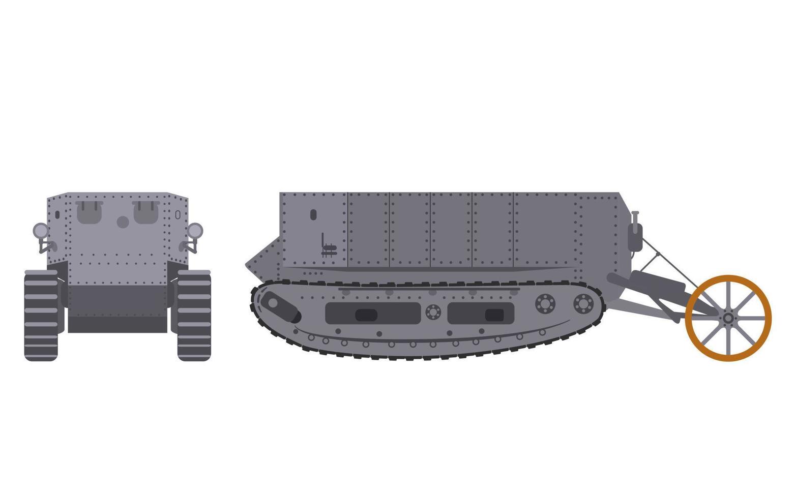 English tank of the first world war, side view and view of the tail. Flat illustration of an armored vehicle. vector