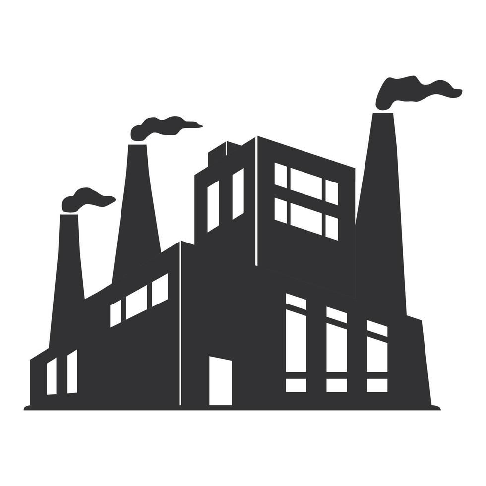 Black silhouette of a factory with smoking chimneys. Industrial building facade. Factory icon for website. Air pollution.Facility symbol.Plant sign.Vector flat illustration.Isolated white background. vector