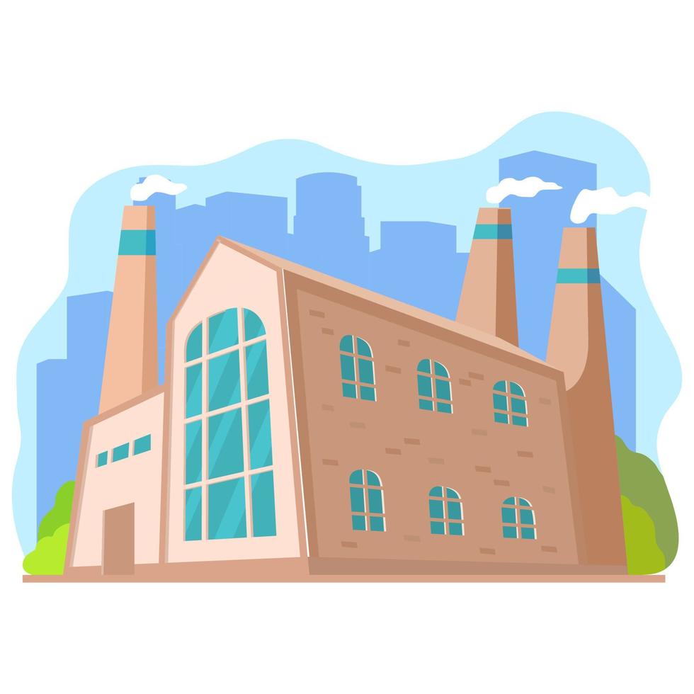 Industrial green factory in perspective view.Eco energy.Green production.Manufactory environmentally friendly planet.Modern  eco factory.Facade manufacturing  building.Vector cartoon style. vector